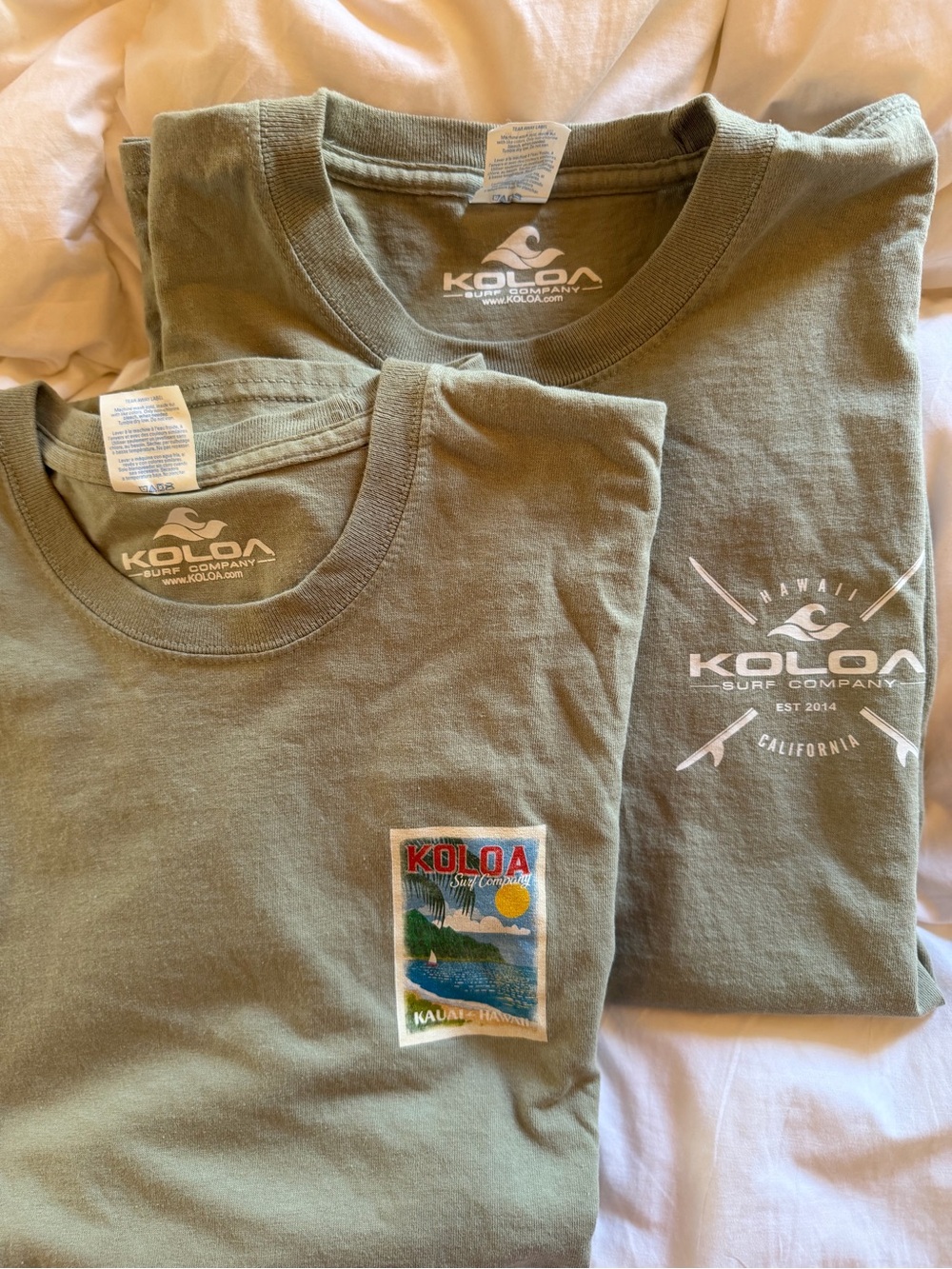 Koloa Surf Company Olive Graphic Tees with Coastal Design - 2 tees